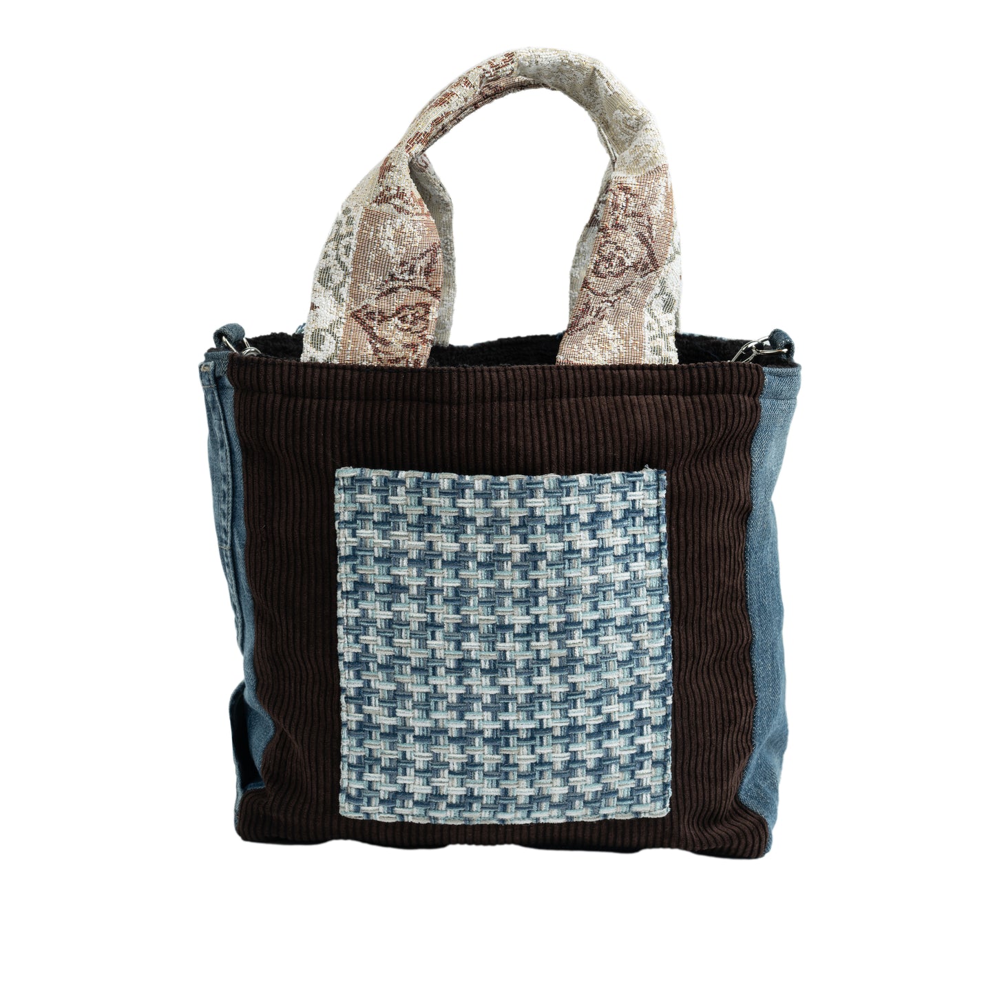 Small Tote Crossbody (Brown Corduroy Blue Pocket & Blue Weave Jean Pocket)