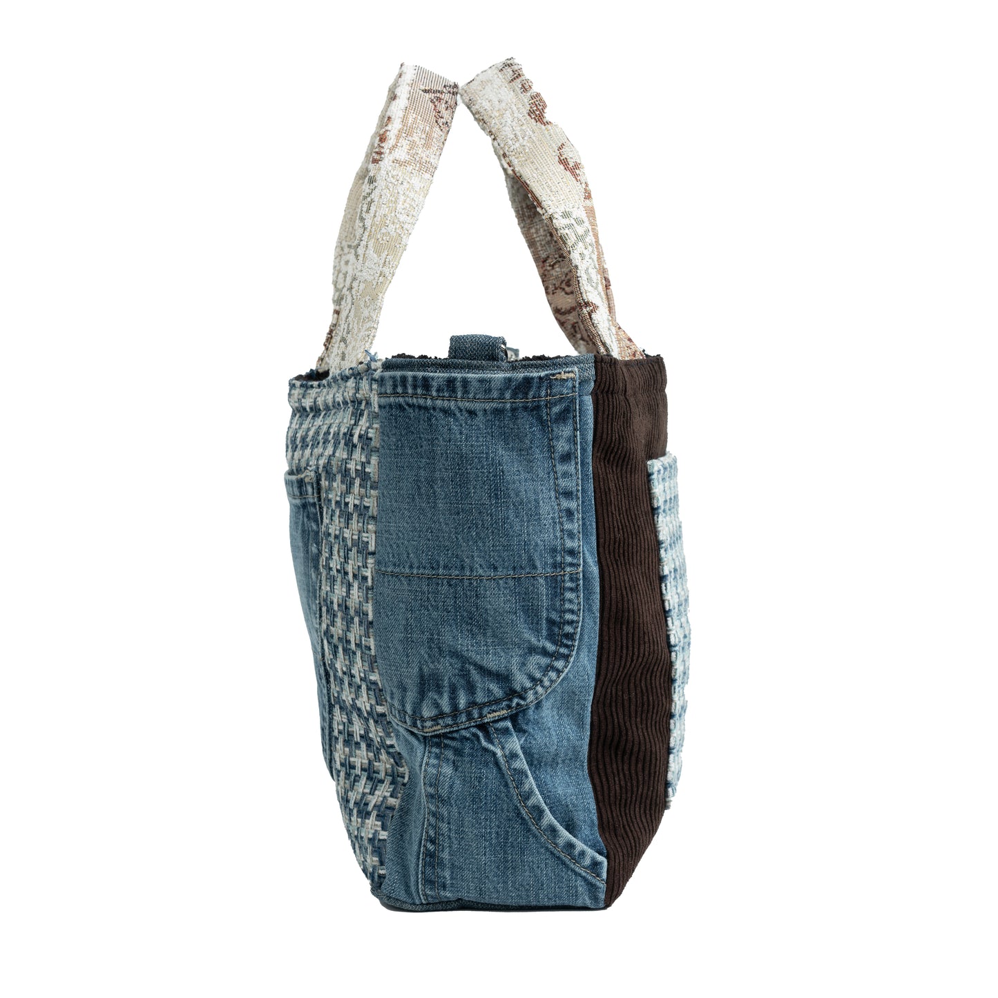 Small Tote Crossbody (Brown Corduroy Blue Pocket & Blue Weave Jean Pocket)