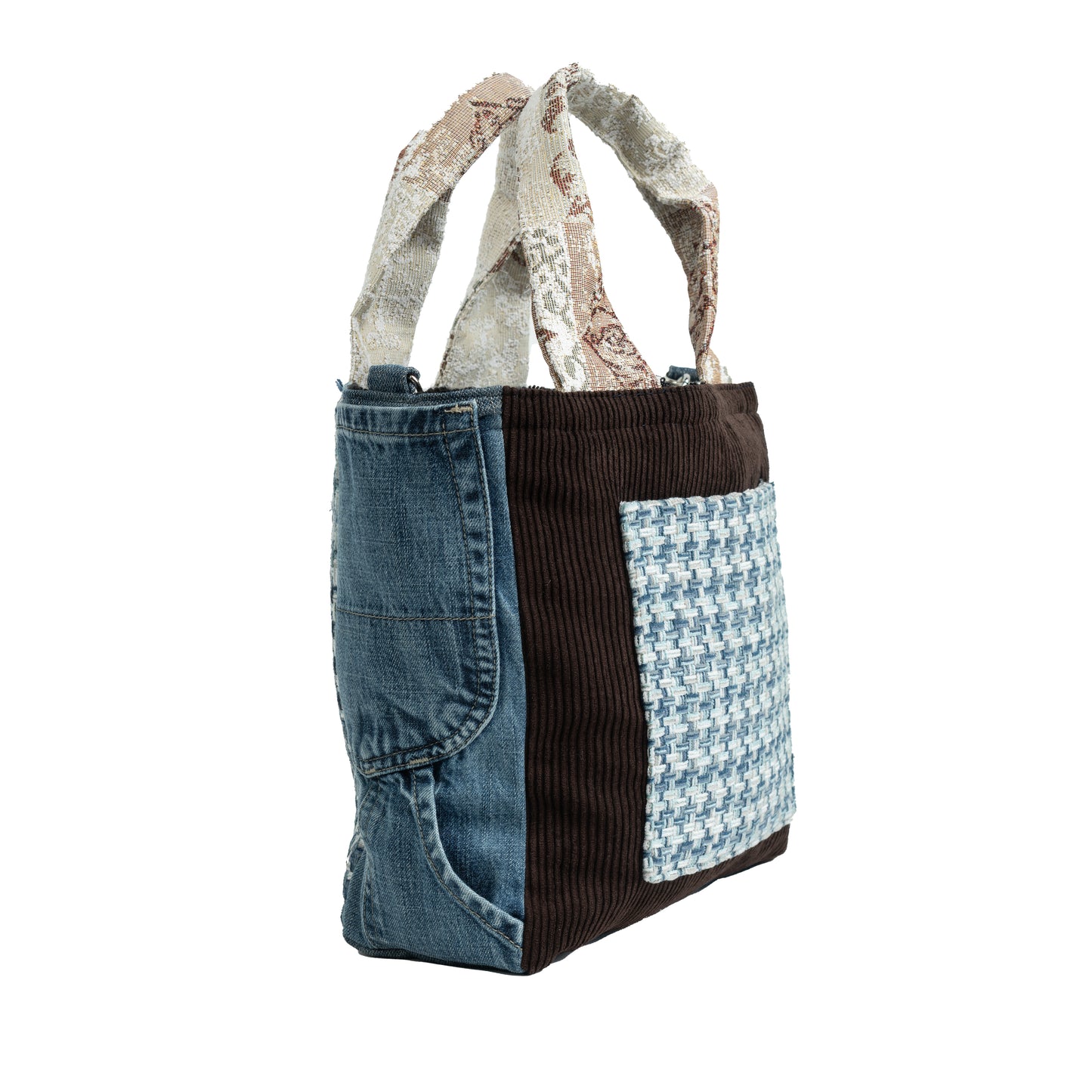 Small Tote Crossbody (Brown Corduroy Blue Pocket & Blue Weave Jean Pocket)