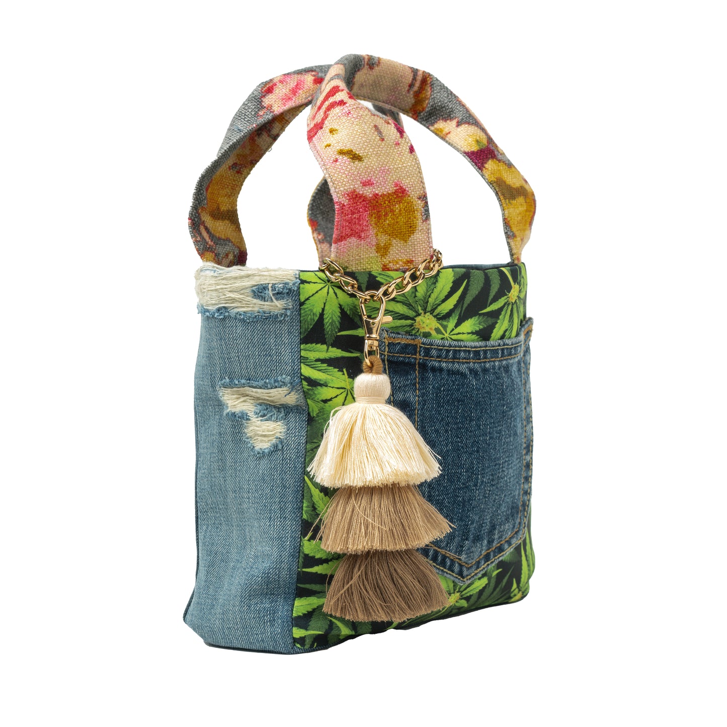 Small Tote Crossbody (Hemp, Distressed Denim & Floral Handles)