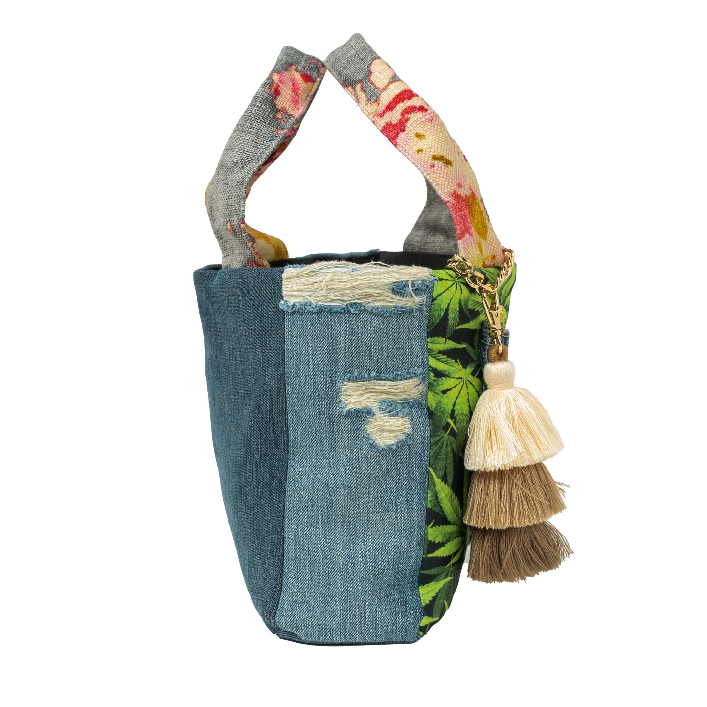 Small Tote Crossbody (Hemp, Distressed Denim & Floral Handles)