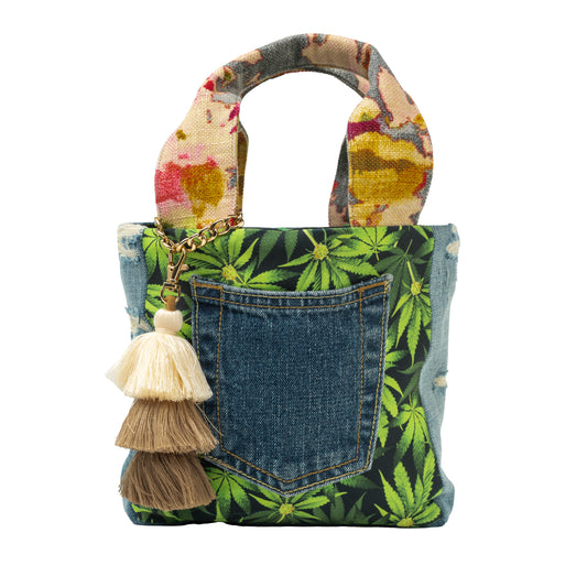 Small Tote Crossbody (Hemp, Distressed Denim & Floral Handles)